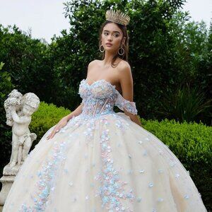 New Off Shoulder Mesh Evening Ball Gown w/ Floral Applique & Back Bow GL3504